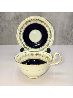 Ansley Tea Cup Saucer Set England Bone China Cobalt Blue Gold Cream VL5151